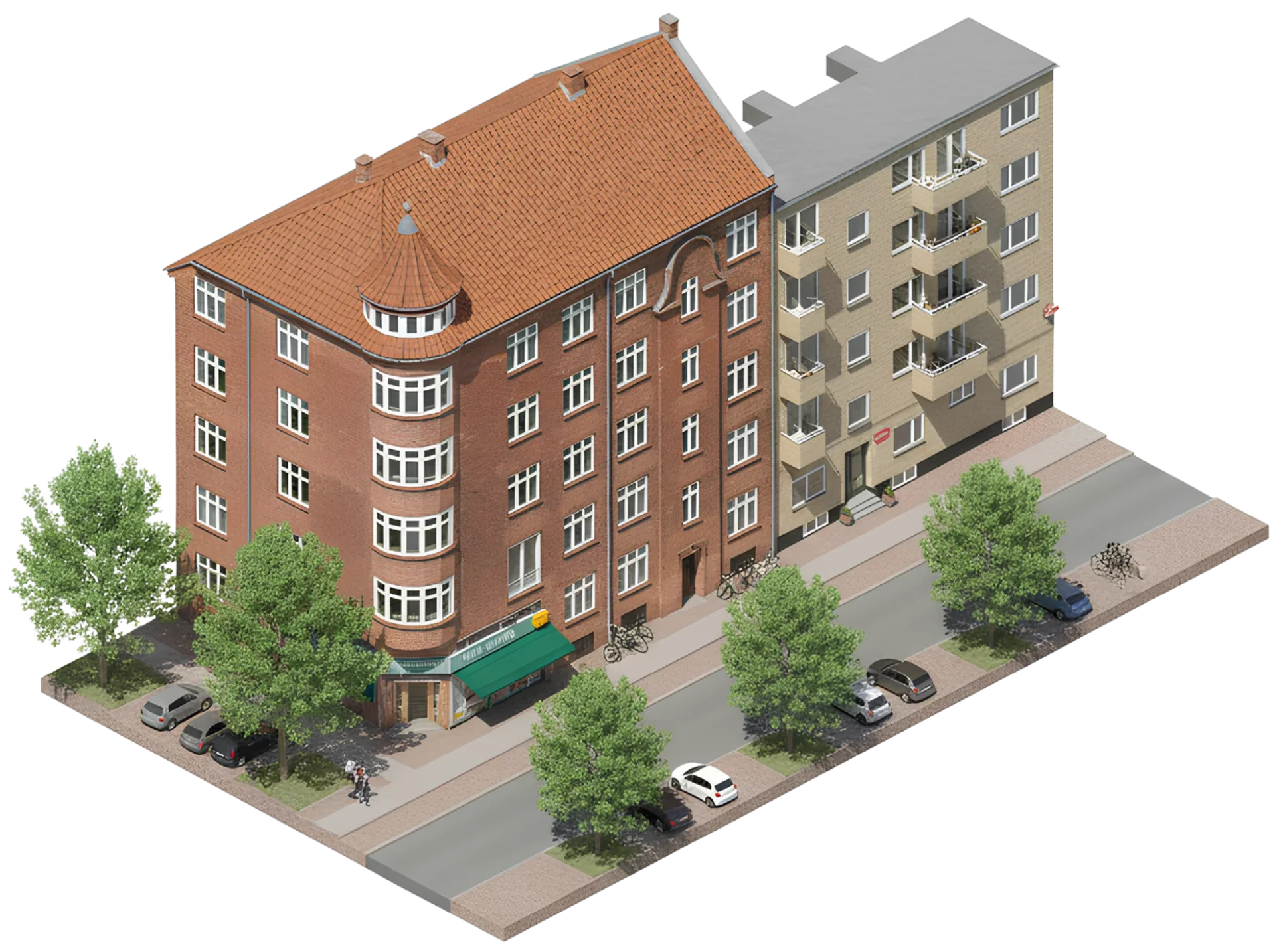 Om SWE 6 Illustration af klassisk københavner-ejendom med erhverv i stueetagen og boliger ovenover, brugt som visuelt eksempel på de ejendomme SWE administrerer.
