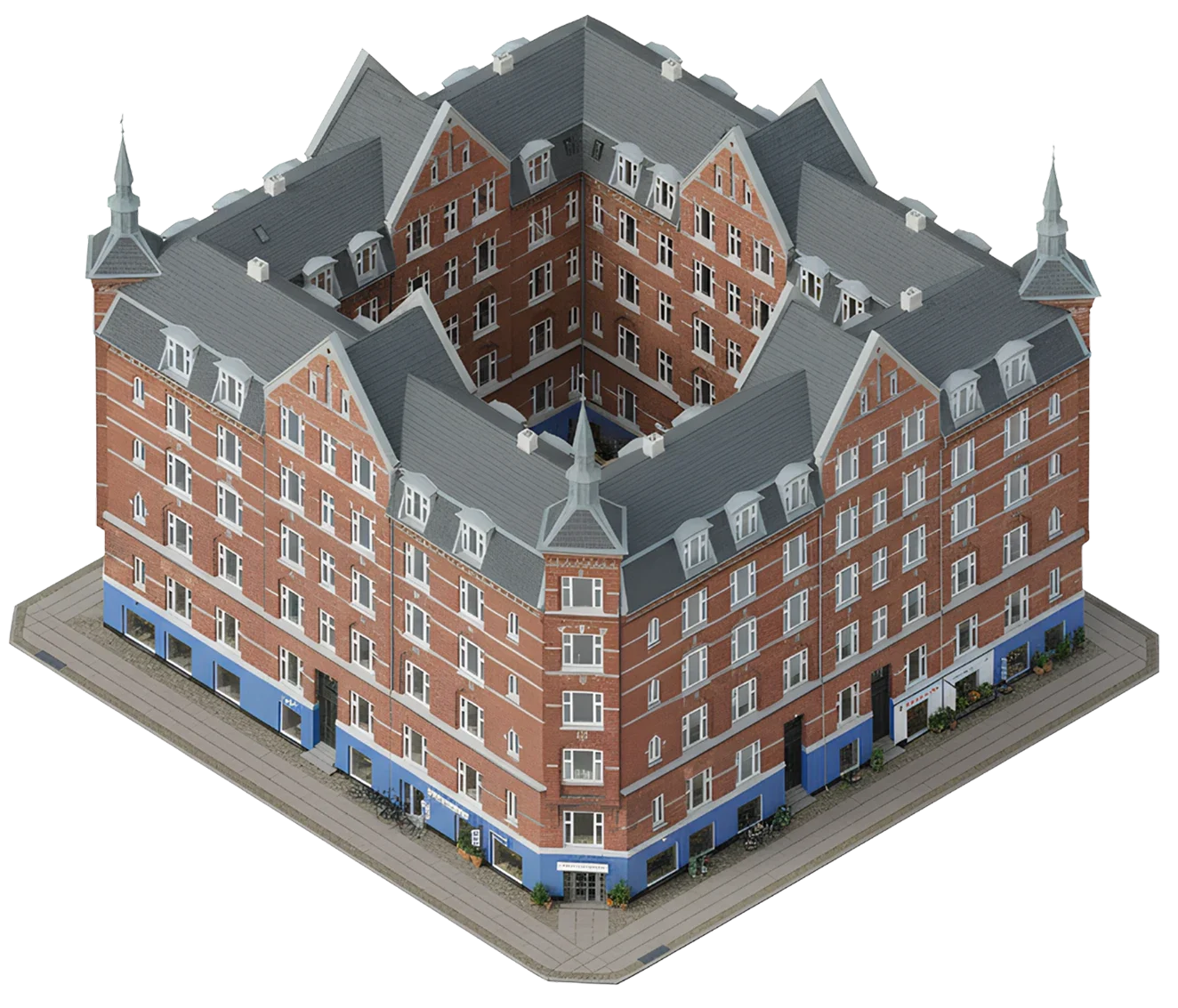Om SWE 2 3D-illustration af klassisk karreejendom i København, brugt som visuelt eksempel på professionel ejendomsadministration hos SWE.