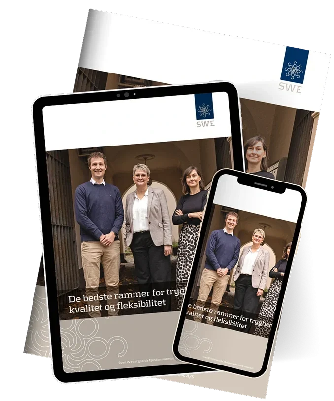 Om SWE 36 Magasin og digitale visninger fra SWE, der viser medarbejdere og præsenterer virksomhedens fokus på tryg og fleksibel ejendomsadministration.